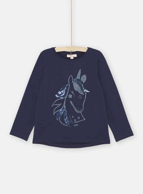 Marineblaues T-Shirt mit Einhorn-Muster, Mädchen SAJOYTEE1 / 23W901B5TML070