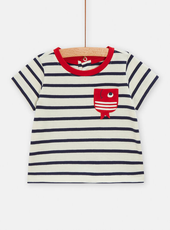 Babyshirt gestreift mit Fischmotiv für Jungen in Ecru TUJOTI1 / 24SG10D1TMC001