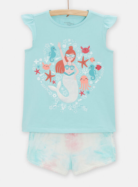 Blau- und rosafarbener Pyjama mit Meerjungfrauen- und Meerestiermotiven für Mädchen TEFAPYJDYE / 24SH1153PYJ210