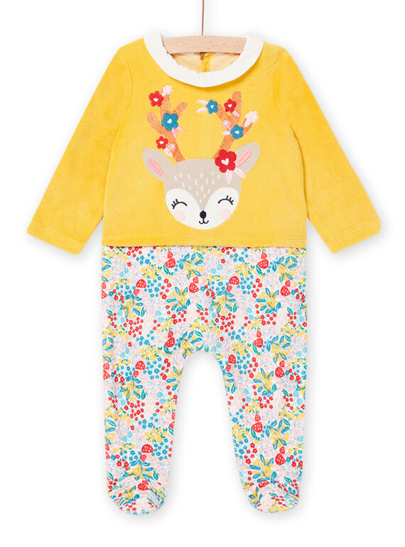 Baby Mädchen senfgelber Samtstrampler mit Blumendruck MEFIGRECER / 21WH1391GRE010