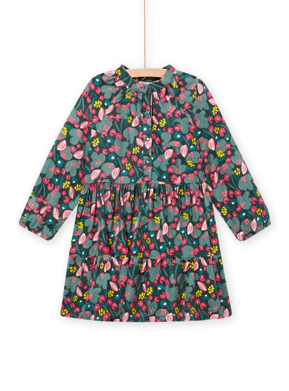 Khakigrünes Twill-Kleid mit Blumendruck für Kind Mädchen MAKAROB1 / 21W901I3ROBG604