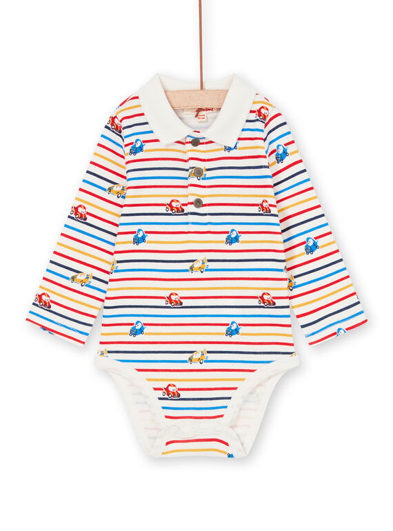 Aus weißen und gelben gestreiften Body mit Baby Junge Auto Druck LUHABOD2 / 21SG10X1BOD001