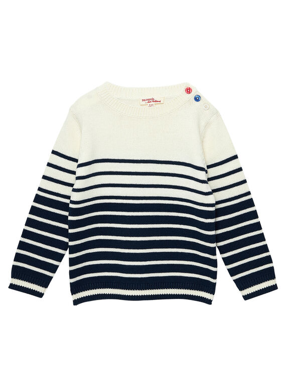 Gestreifter jacquardgemusterter Baumwollpullover für Jungen in Marineblau und Naturweiß JOJOPUL2 / 20S90243D2E003