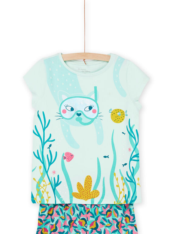 Eisblauer Pyjama mit Meeresbodenmotiven und Blumendruck. REFAPYJMAS / 23SH11H8PYJ219