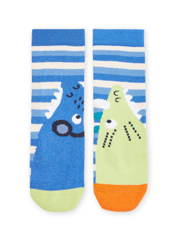 Blaue Socken mit Dinosaurier- und Streifenmuster. RYOJOCHO1 / 23SI0271SOQ221