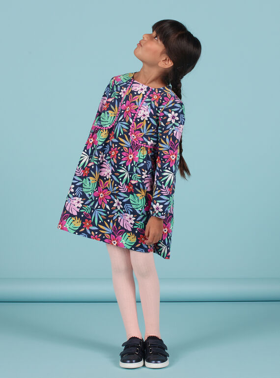 Kind Mädchen blaues Kleid mit buntem Blumendruck in Samt MAPLAROB2 / 21W901O1ROBC202