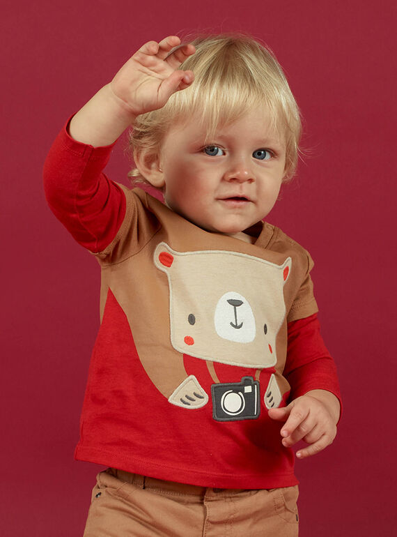 Baby Junge Rotes besticktes T-Shirt MUFUNTEE1 / 21WG10M2TMLF512