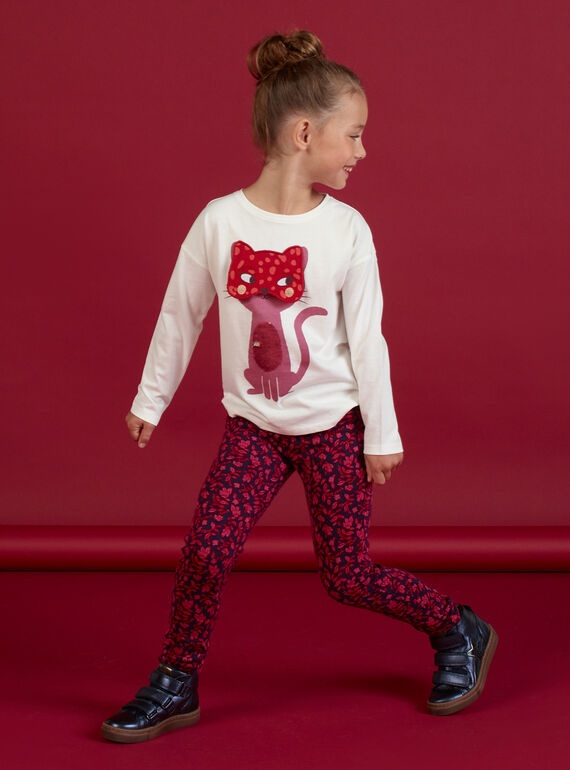 Langärmliges T-Shirt für Mädchen in Ecru mit maskiertem Katzenmotiv MAFUNTEE2 / 21W901M2TML001