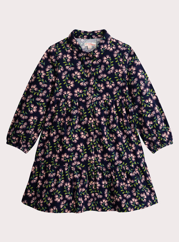 Marinefarbenes Kleid aus geritem Samt mit Blumendruck für Mädchen  VAKLIROB3 / 24W90143ROB070