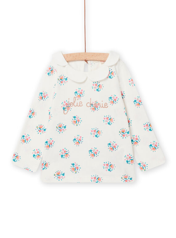 Baby Mädchen T-Shirt in Ecru mit Blumenmuster und Blütenkragen NIGABRA / 22SG09O1BRA001