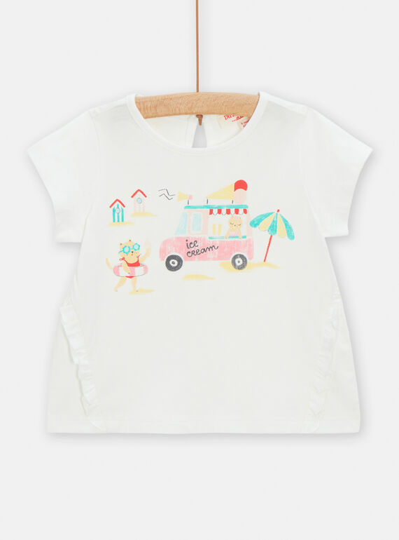Baby-Mädchen-T-Shirt in Ecru mit Strandmotiv TICLUTI1 / 24SG09O2TMC001