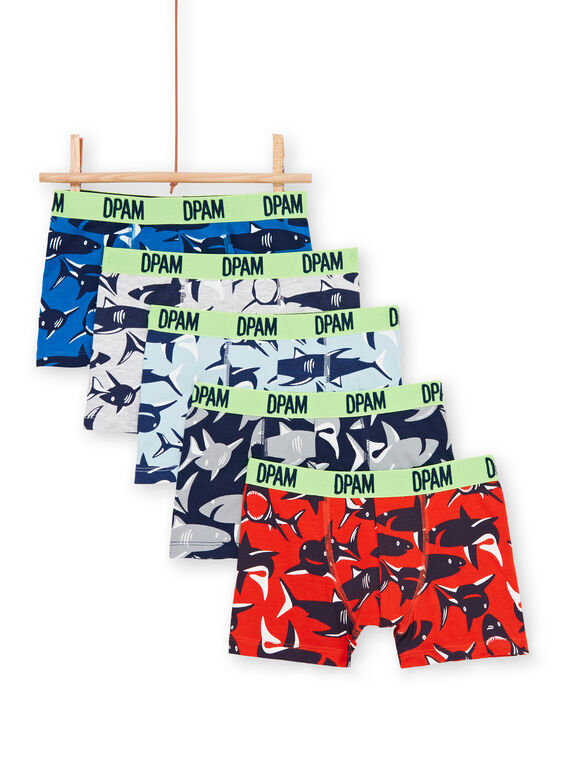Packung mit 5 grünen, blauen und roten Hai Druck Boxershorts Junge Kind LEGOBOXSEM1 / 21SH1222BOX070