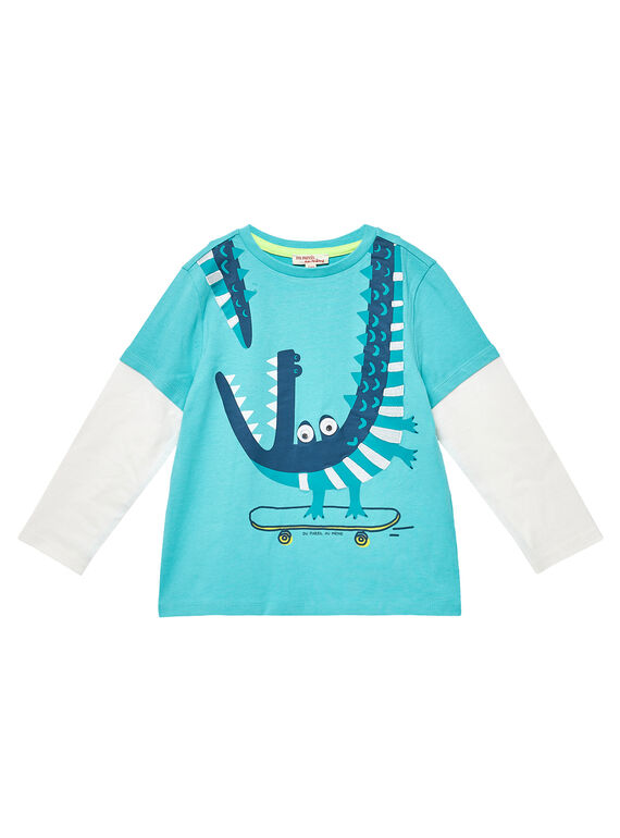 Jungen-T-Shirt mit 2-Arm-Effekt in Türkisblau und Naturweiß JOCLOTEE1 / 20S90211TML209