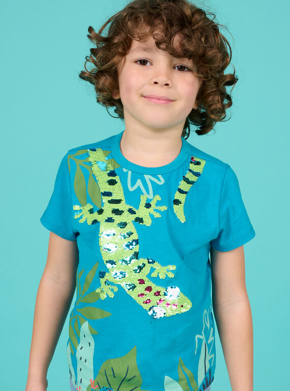 Saphirblaues und grünes Wendepailletten-T-Shirt für Kinder Junge 22S902T3TMCC211