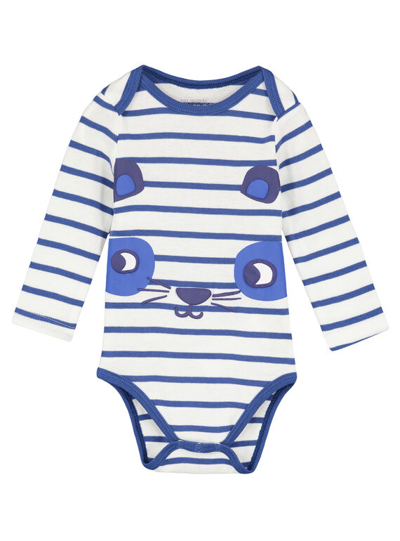 Langärmeliger Body naturweiß und marineblau gestreift gerippt Baby Junge GEGABODRAY / 19WH14N2BDL001
