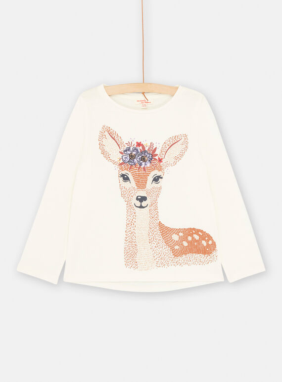 Mädchen-T-Shirt in Ecru mit Reh-Motiv SAKHOTEE2 / 23W901Q2TML001