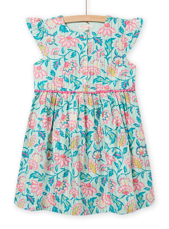 Kind Mädchen mandelgrünes Kleid mit buntem Blumendruck NAGAROB1 / 22S901O2ROB611