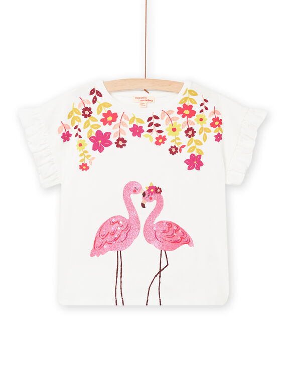 Ecru-T-Shirt mit rosa Flamingos und Blumenmuster Kind Mädchen NAFLATI2 / 22S901R1TMC001