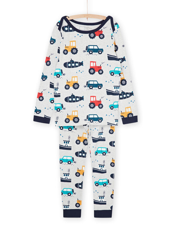 Grau melierter Pyjama mit Traktor-, Auto-, Schiffs- und U-Boot-Print REGOPYJAUTO / 23SH1253PYJJ922