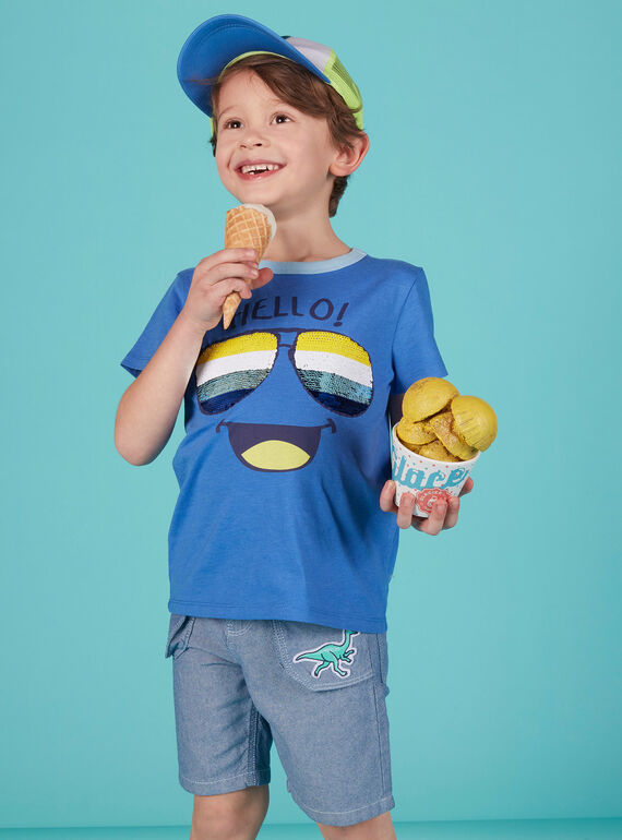 Blaues T-Shirt für Jungen, mit Brillen und Wendepailletten JOQUATI1 / 20S902R3TMCC201