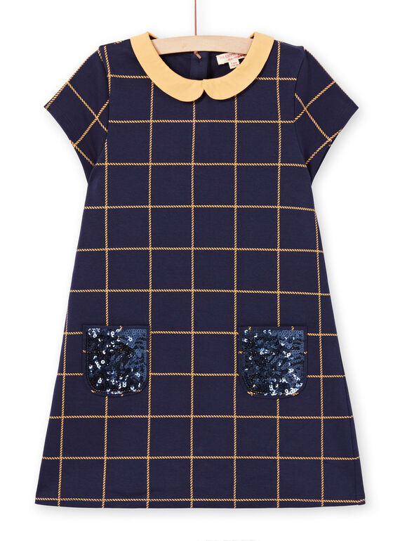 Nachtblaues kurzärmeliges Kleid für Mädchen mit gelben Karos MAJOROB1 / 21W90122ROBC205