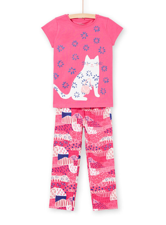 Pyjama-T-shirt und Hose fuchsia und weiß Kind Mädchen LEFAPYJWAXEX / 21SH115DPYJ030