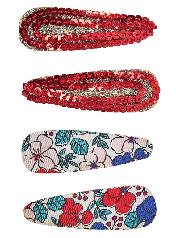 Set mit 4 Clips (2 mit Blumenmotiven + 2 mit kleinen roten Pailletten + Goldglitter) JYAJACLIC1 / 20SI01B2BRT955