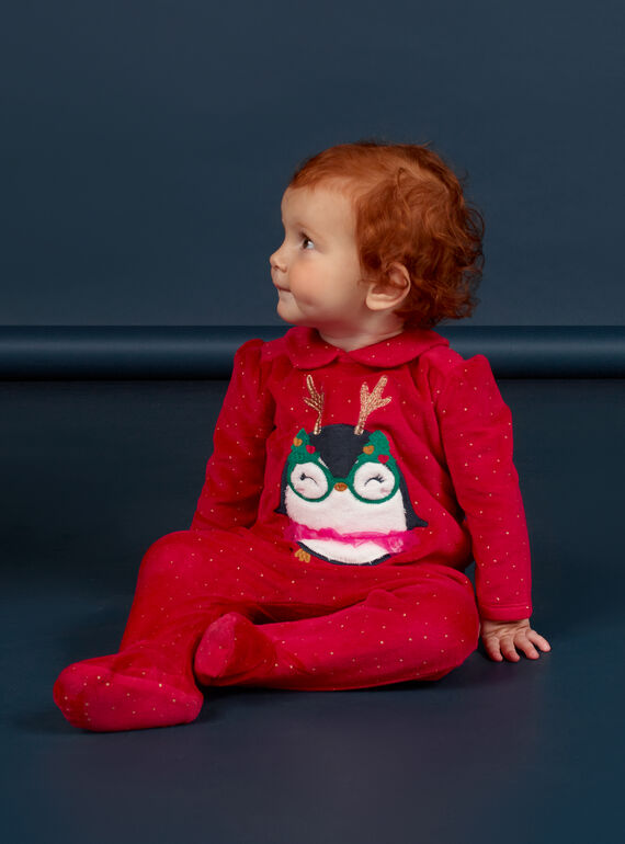 Samtstrampler mit Weihnachtsmotiv und Pomponmütze Baby Mädchen MEFIGRENO / 21WH13F1GRE050