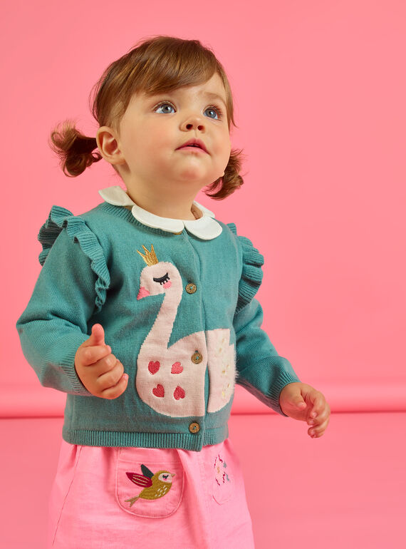 Baby Mädchen khaki grüne Strickjacke mit Schwanenmotiv MIKACAR / 21WG09I1CAR612