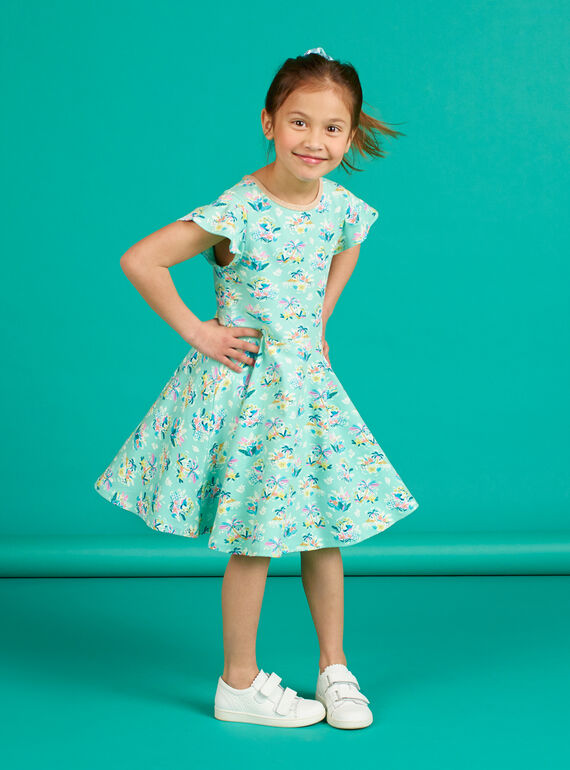 Grünes Kleid für Mädchen mit Blumendruck LAVEROB2 / 21S901Q4ROBG621