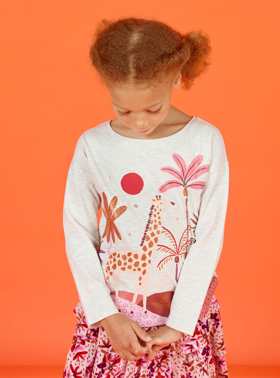 T-Shirt für Kind Mädchen in ecru meliert mit Fantasiemotiven MACOMTEE2 / 21W901L3TML006