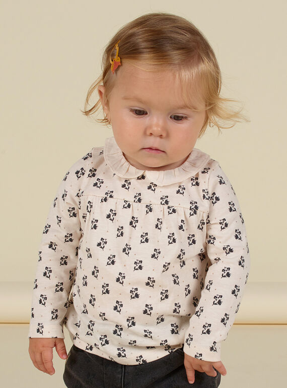 Baby Mädchen ecrufarbenes T-Shirt mit Rüschenkragen und Blumendruck MIHIBRA / 21WG09U1BRA003