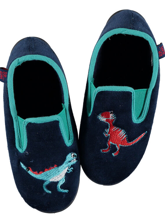Marineblaue Samthausschuhe mit aufgesticktem Dinosaurier Kind Junge GGSGDINO / 19WK36Z4D0B070