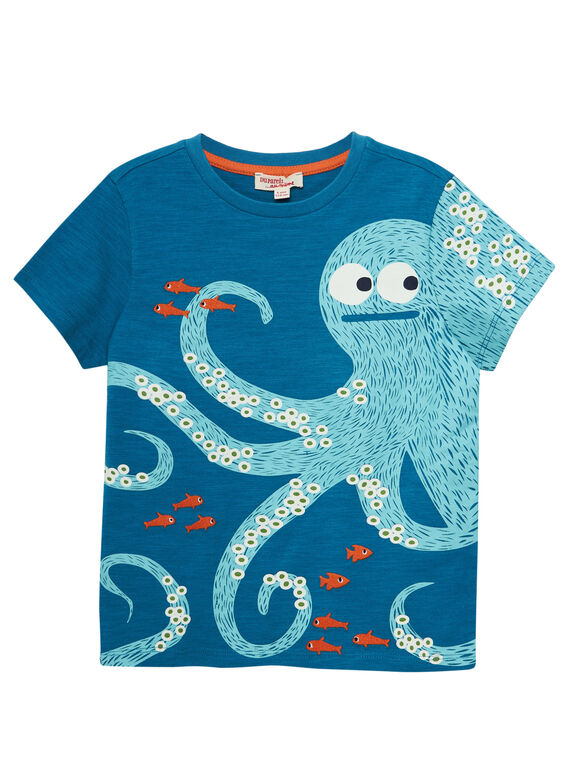Dunkeltürkises kurzärmeliges T-Shirt für Jungen, mit Tintenfischaufdruck JOBOTI4 / 20S902H2TMCC219
