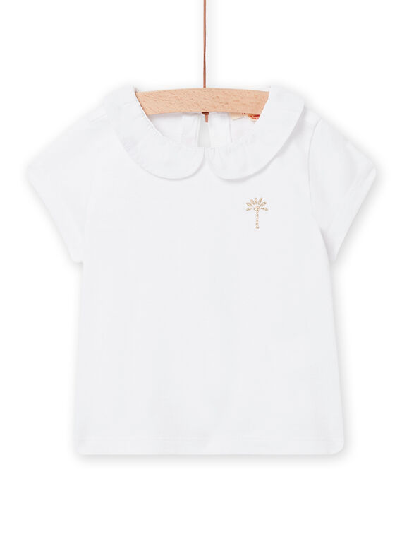 Weißes T-Shirt mit Claudine-Kragen aus Voile und goldenem Palmenmotiv, Baby, Mädchen NIJOBRA5 / 22SG09C1BRA000