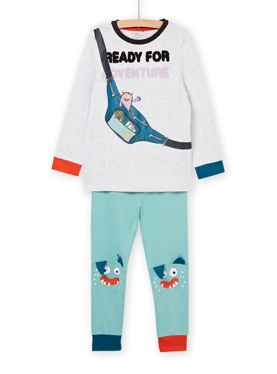 Langer Pyjama in grau meliert und türkis PEGOPYJBAN / 22WH1213PYJJ920