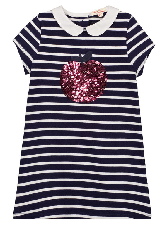 Gestreiftes, kurzärmeliges Kleid im Matrosenlook mit Bubikragen und mit glänzenden Pailletten besticktem Apfel. GAJOROB1 / 19W90143D2F070