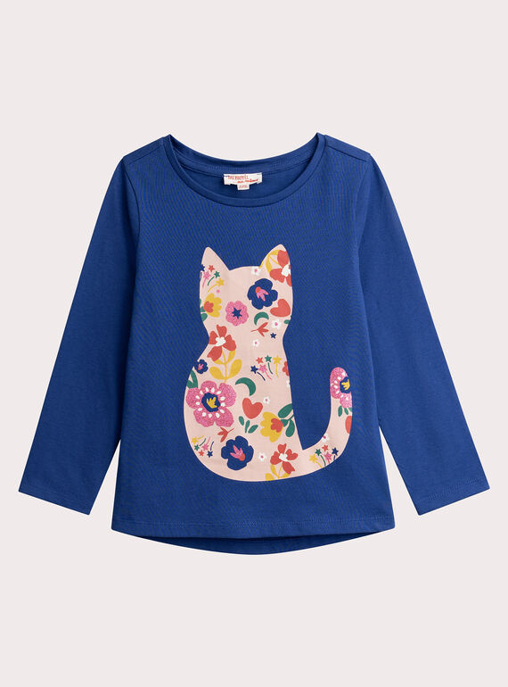 T-shiRt blau Animation Katze blumig glitzern für Mädchen  VAROTEE3 / 24W901P1TMLC207