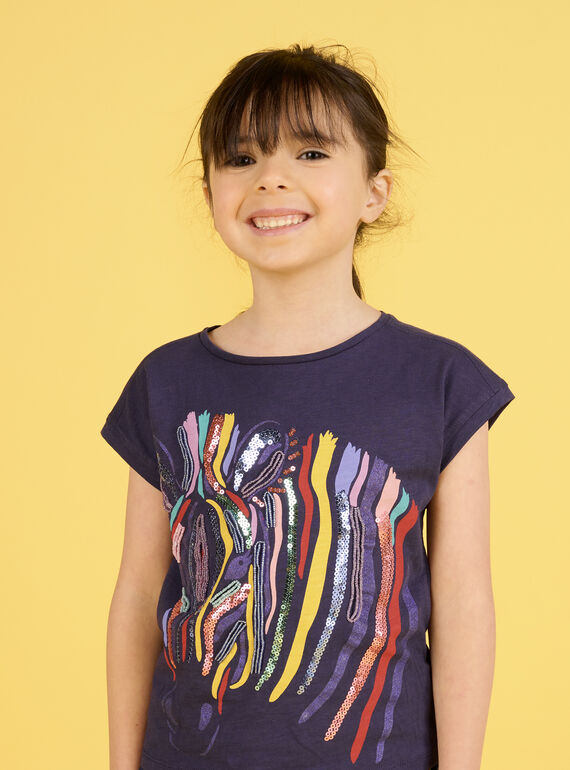 Marineblaues T-Shirt mit bunter Zebra-Animation Kind Mädchen NALUTI2 / 22S901P1TMC070