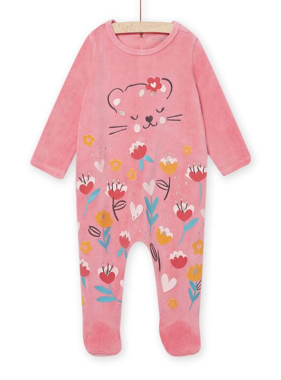 Korallenroter Samtstrampler mit Leoparden- und Blumenmotiven Baby Mädchen NEFIGREPAN / 22SH13E2GRE404