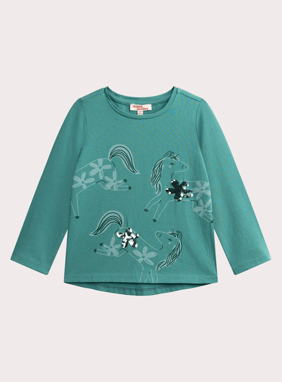T-Shirt Türkis mit Pferdedruck für Mädchen  VAJOYTEE5 / 24W901I1TML215