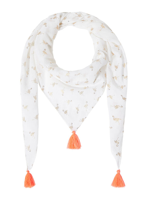 Weißer Mädchenschal mit vergoldetem rosa Glitzerflamingo und rosa Pompons JYAPOEFOUL / 20SI01G1FOU000